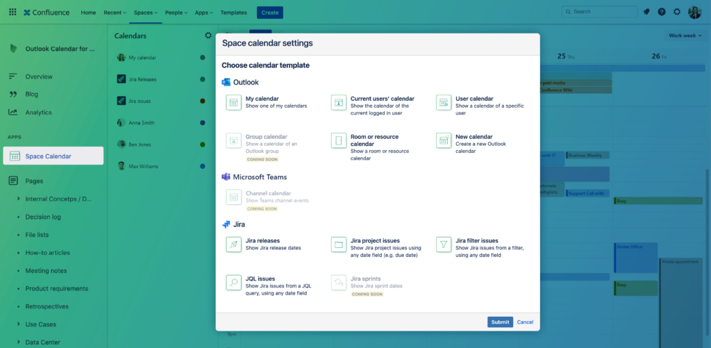 Outlook Calendars for Confluence Templates