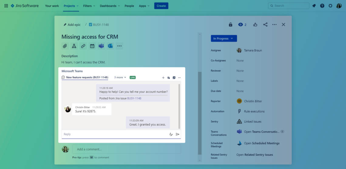 Chat via Microsoft Teams in your Jira issue