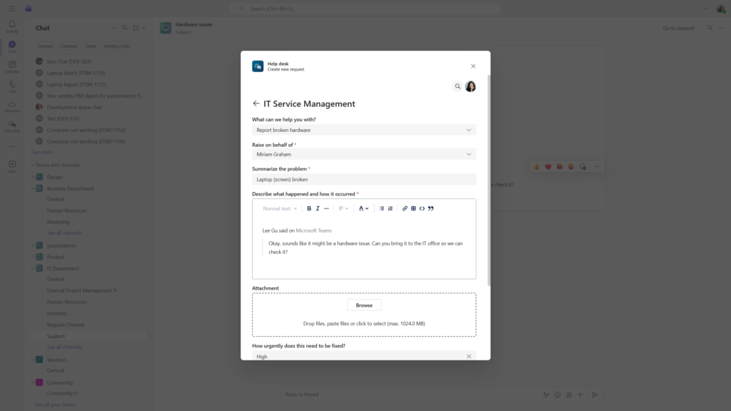 Microsoft Teams Ticketing: Create a new request from a channel conversation or a Microsoft Teams Chat