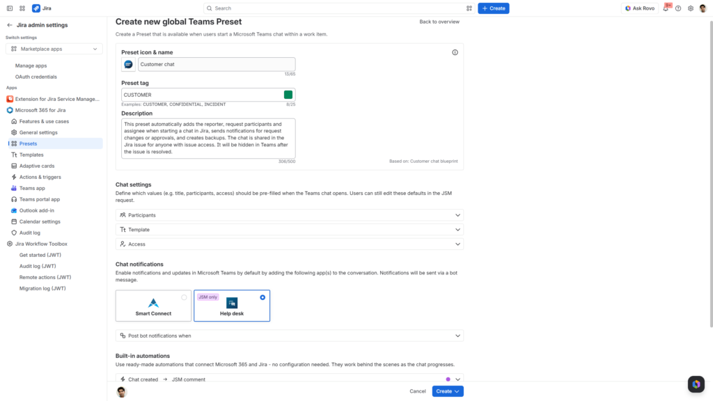 Microsoft 365 for Jira global settings: Administrators can configure Teams Presets with predefined participants, access settings, message templates, notifications, and built-in automations. This creates consistent, repeatable collaboration workflows across Jira projects.
