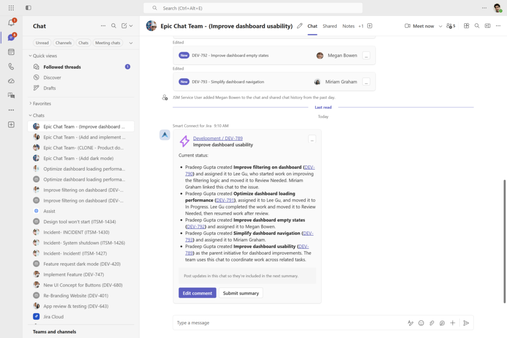 Microsoft 365 for Jira in Teams: An AI-generated summary card consolidates updates from an epic and its child work items directly in the Epic Chat. Teams participants can review progress without opening Jira.