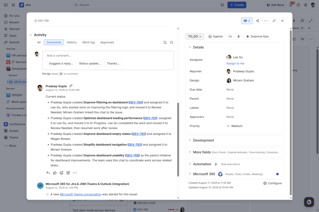 Microsoft 365 for Jira: Users can submit the AI-generated summary from Teams and save it as a Jira comment. This keeps the Teams update connected to the epic’s structured history.