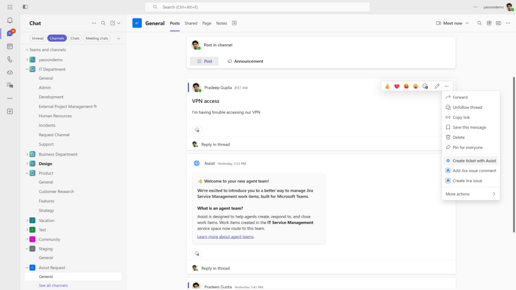 Jira Cloud for Microsoft Teams: JSM use case is mainly about request intake from Teams, for example turning Teams messages into JSM work items and syncing comments between Teams and Jira Service Management