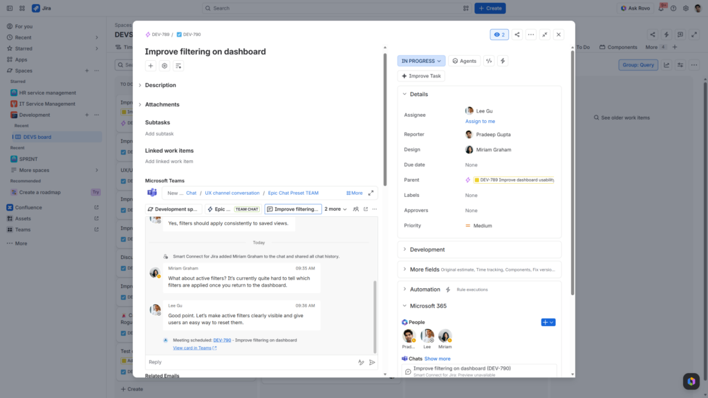 Microsoft 365 for Jira: The Teams conversation remains accessible directly from the Jira work item. Users can read and reply to messages in Jira and view participants’ Teams availability in the sidebar, keeping ongoing collaboration connected to the work item.