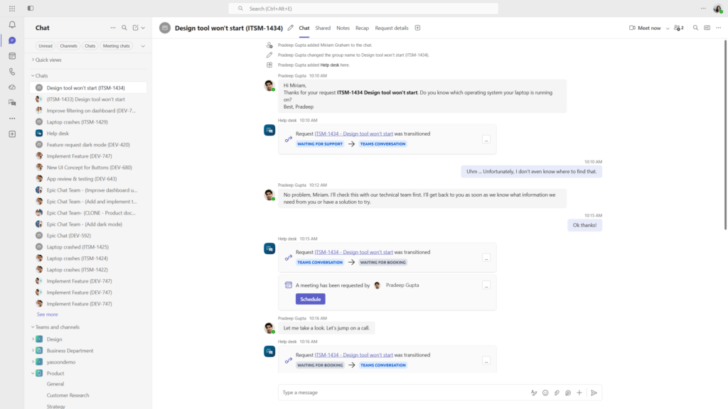 Microsoft 365 for Jira in Teams: The customer chat keeps request details, status updates, and follow-up options such as Microsoft Bookings in one conversation. The requester stays in Teams while the service team manages the request in Jira Service Management.