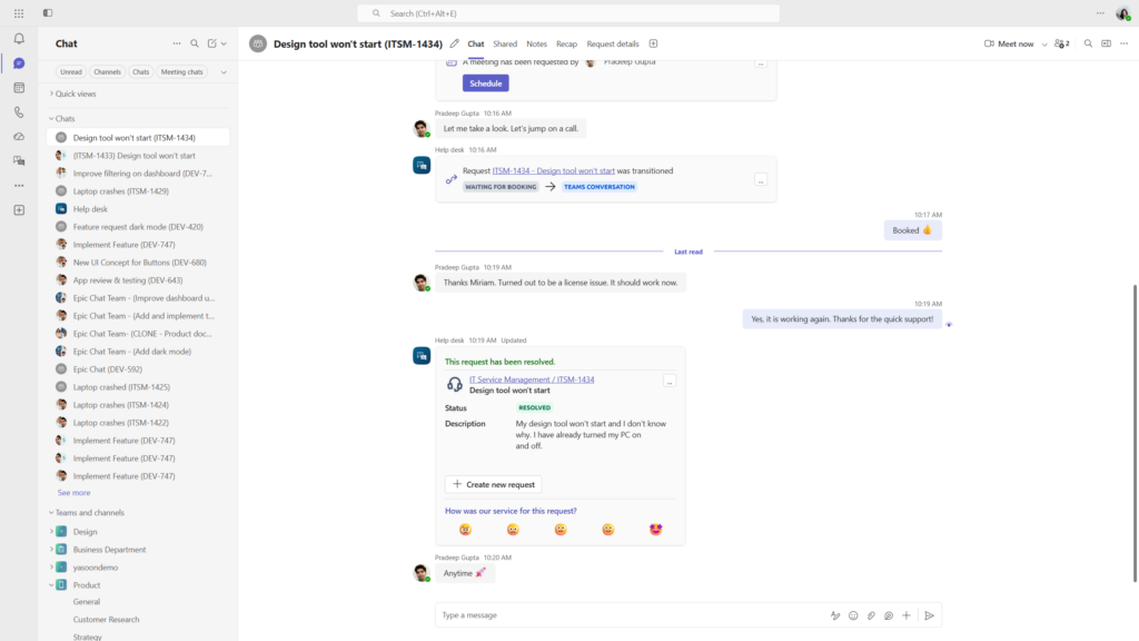 Microsoft 365 for Jira in Teams: When the request is resolved, the customer receives the resolution update in the same Teams chat and can rate the service. The request lifecycle remains visible and trackable from intake to resolution.